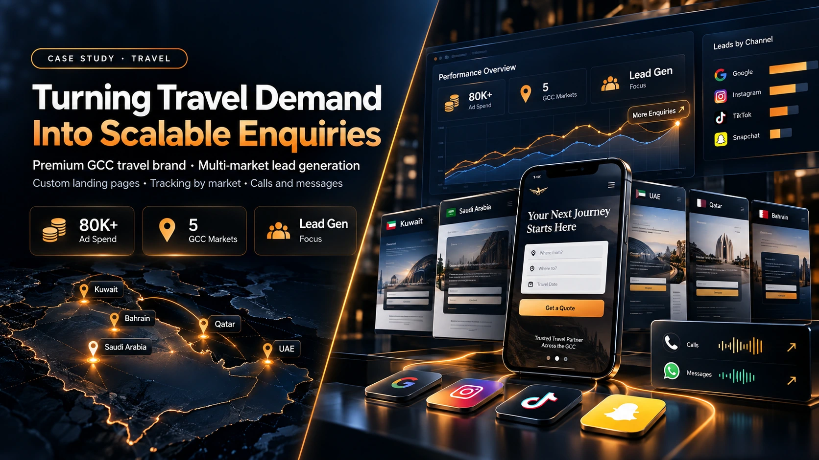 GCC travel performance marketing case study: five market funnels across Kuwait, Saudi Arabia, UAE, Qatar and Bahrain